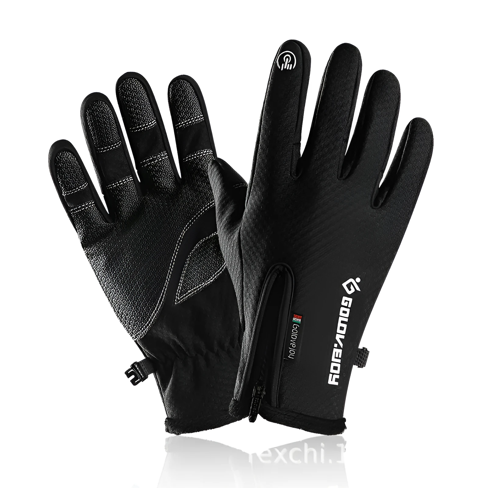 Pair of black polar fleece cycling gloves with split fingers and pattern, winter bike gear