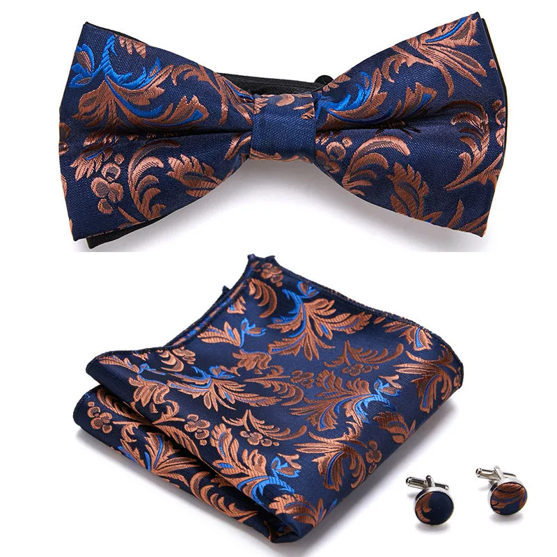 Floral Bow Tie Set of Three Pieces Polyester Yarn Hand-Sewn 12cm by 6cm Bow Tie with Matching Pocket Square 25x25cm and Cufflinks 1.5cm for Men's Formal Wedding and Party Accessories Multistyle Options