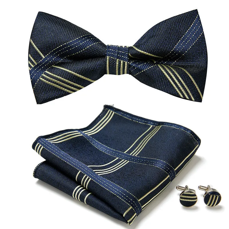 Floral Bow Tie Set of Three Pieces Polyester Yarn Hand-Sewn 12cm by 6cm Bow Tie with Matching Pocket Square 25x25cm and Cufflinks 1.5cm for Men's Formal Wedding and Party Accessories Multistyle Options