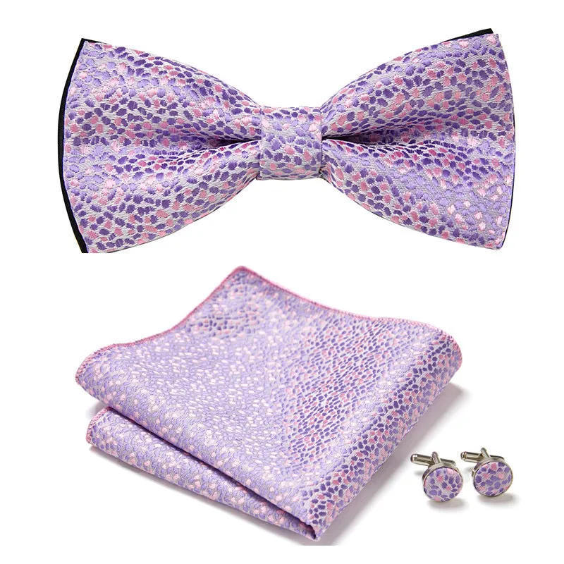 Floral Bow Tie Set of Three Pieces Polyester Yarn Hand-Sewn 12cm by 6cm Bow Tie with Matching Pocket Square 25x25cm and Cufflinks 1.5cm for Men's Formal Wedding and Party Accessories Multistyle Options