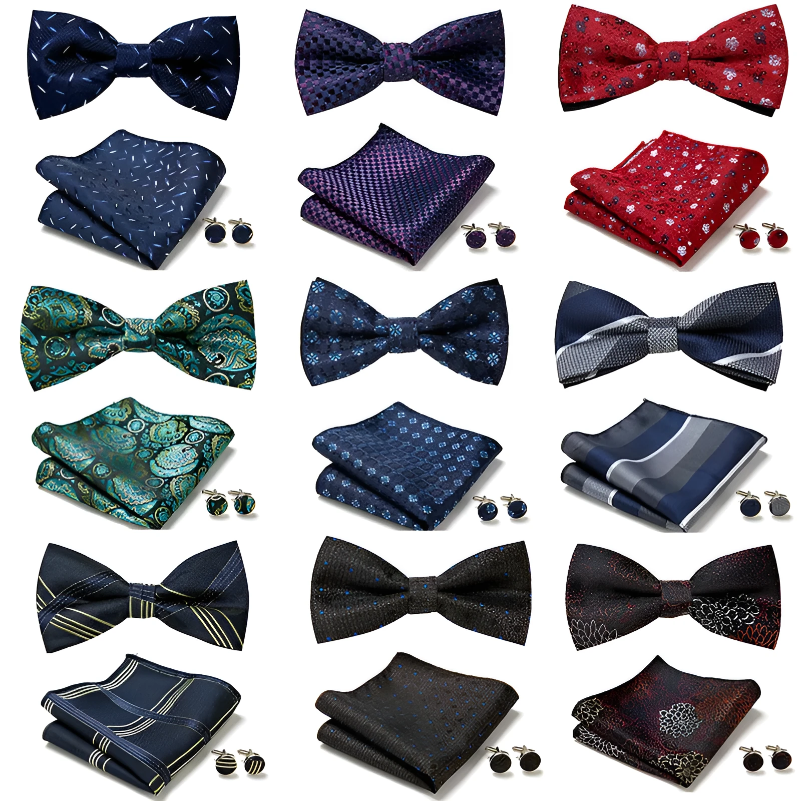 Floral Bow Tie Set of Three Pieces Polyester Yarn Hand-Sewn 12cm by 6cm Bow Tie with Matching Pocket Square 25x25cm and Cufflinks 1.5cm for Men's Formal Wedding and Party Accessories Multistyle Options