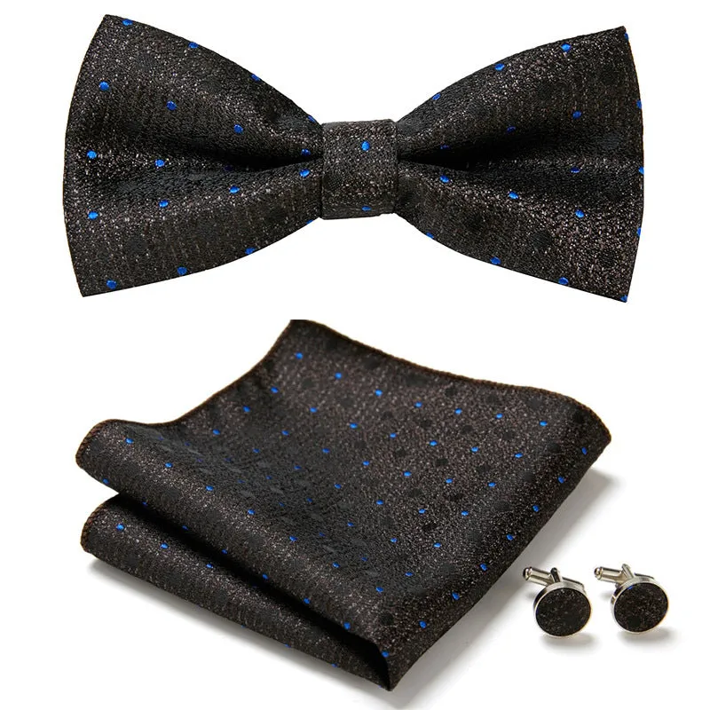 Floral Bow Tie Set of Three Pieces Polyester Yarn Hand-Sewn 12cm by 6cm Bow Tie with Matching Pocket Square 25x25cm and Cufflinks 1.5cm for Men's Formal Wedding and Party Accessories Multistyle Options