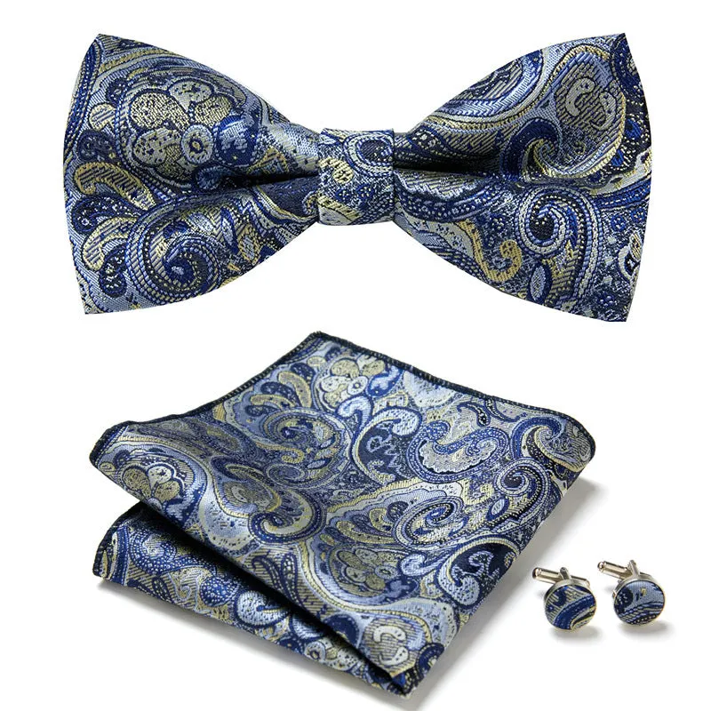 Floral Bow Tie Set of Three Pieces Polyester Yarn Hand-Sewn 12cm by 6cm Bow Tie with Matching Pocket Square 25x25cm and Cufflinks 1.5cm for Men's Formal Wedding and Party Accessories Multistyle Options