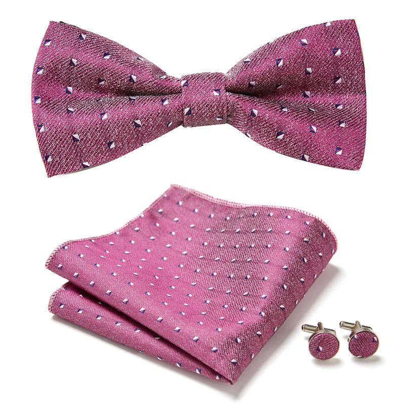 Floral Bow Tie Set of Three Pieces Polyester Yarn Hand-Sewn 12cm by 6cm Bow Tie with Matching Pocket Square 25x25cm and Cufflinks 1.5cm for Men's Formal Wedding and Party Accessories Multistyle Options