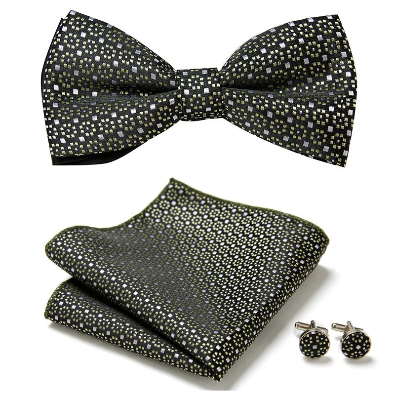 Floral Bow Tie Set of Three Pieces Polyester Yarn Hand-Sewn 12cm by 6cm Bow Tie with Matching Pocket Square 25x25cm and Cufflinks 1.5cm for Men's Formal Wedding and Party Accessories Multistyle Options