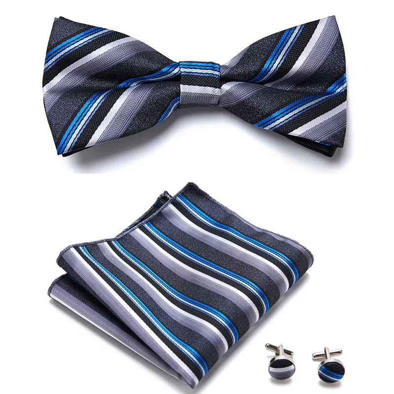 Floral Bow Tie Set of Three Pieces Polyester Yarn Hand-Sewn 12cm by 6cm Bow Tie with Matching Pocket Square 25x25cm and Cufflinks 1.5cm for Men's Formal Wedding and Party Accessories Multistyle Options