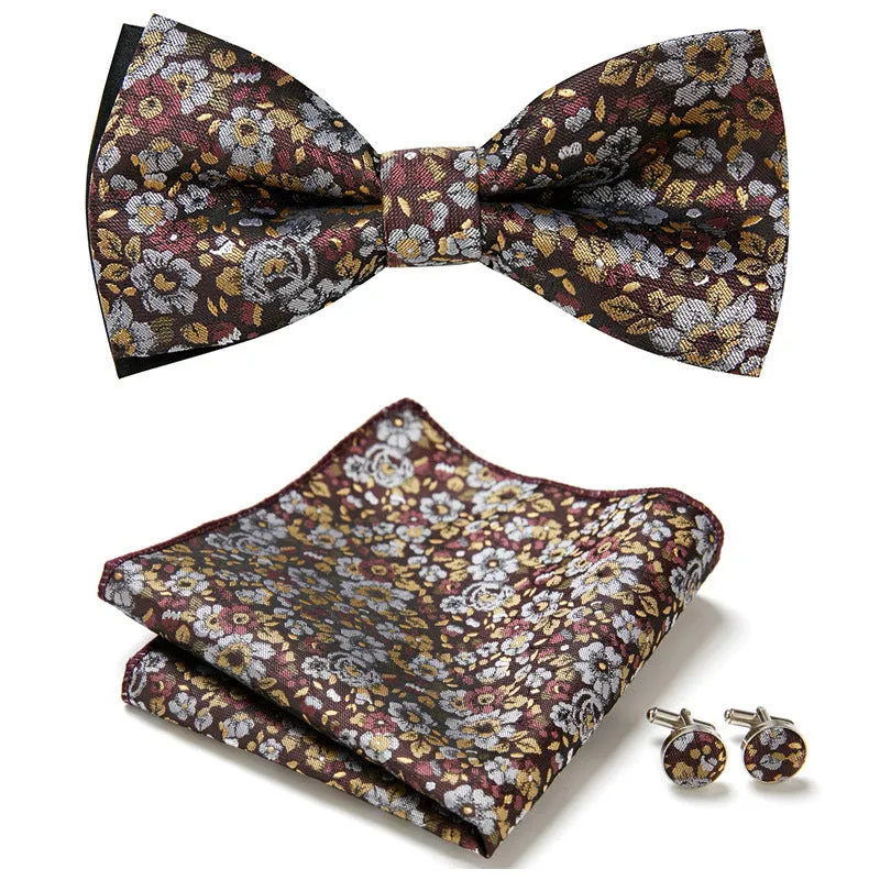 Floral Bow Tie Set of Three Pieces Polyester Yarn Hand-Sewn 12cm by 6cm Bow Tie with Matching Pocket Square 25x25cm and Cufflinks 1.5cm for Men's Formal Wedding and Party Accessories Multistyle Options