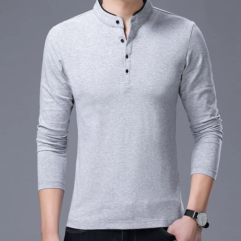 Men's cotton stand collar long sleeve t-shirt in solid colour, pullover style, sizes M to 4XL
