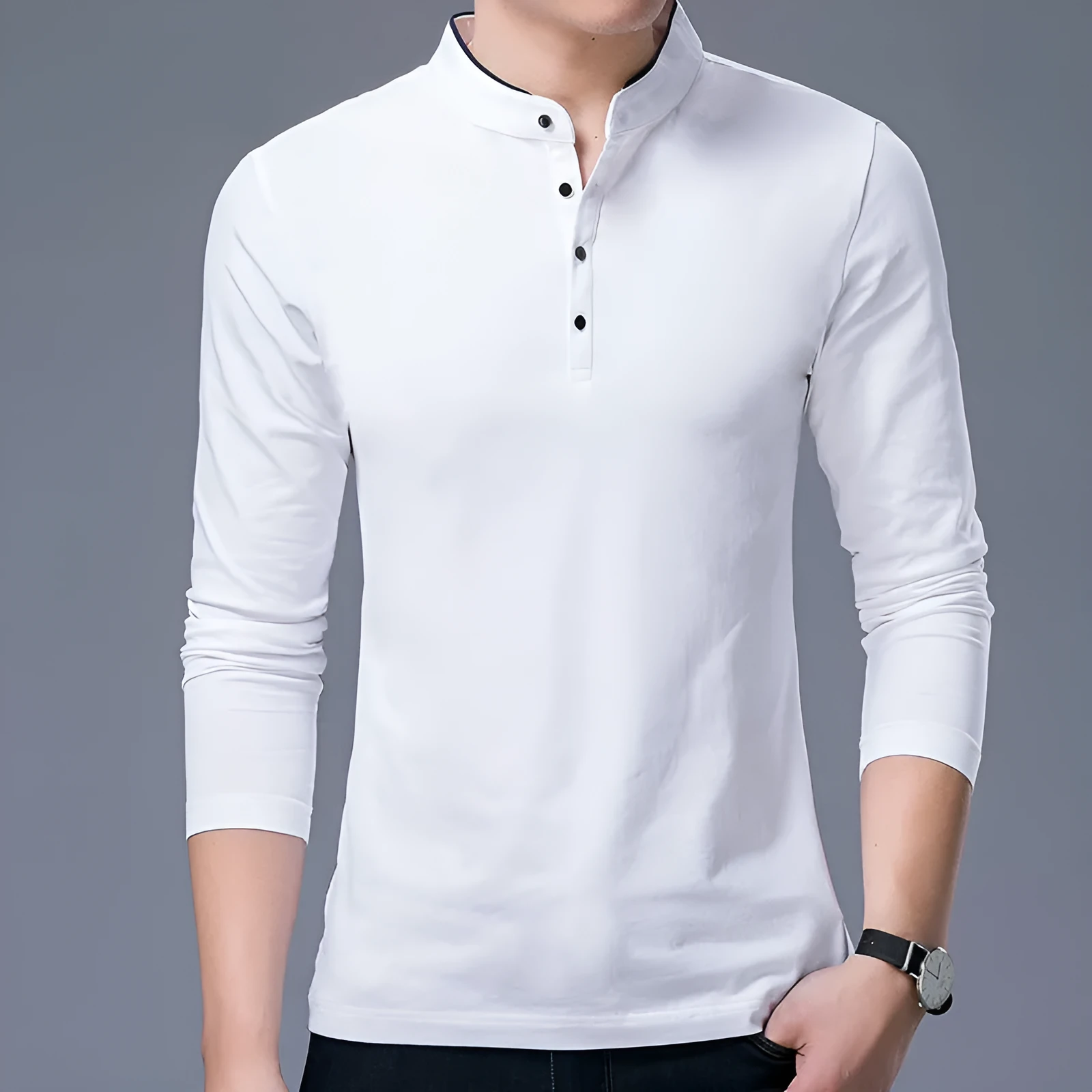 Men's cotton stand collar long sleeve t-shirt in solid colour, pullover style, sizes M to 4XL