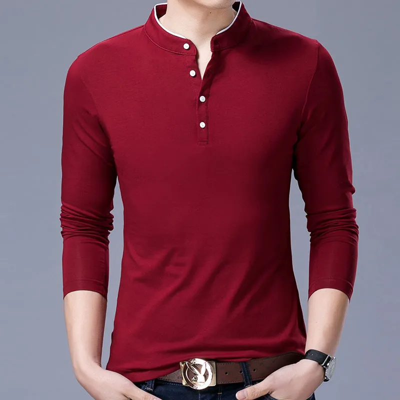 Men's cotton stand collar long sleeve t-shirt in solid colour, pullover style, sizes M to 4XL