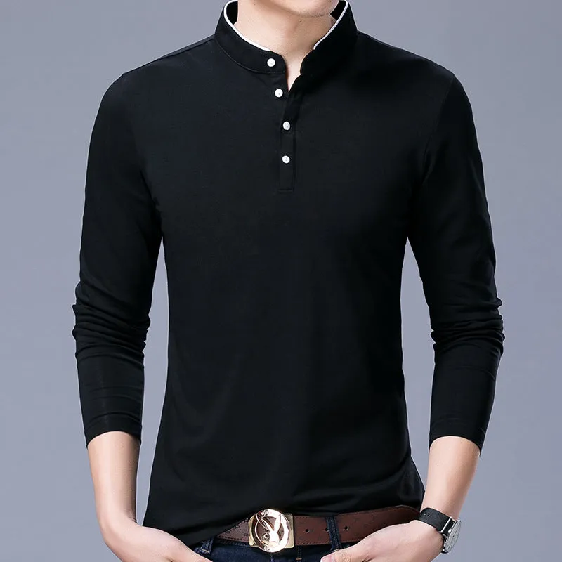 Men's cotton stand collar long sleeve t-shirt in solid colour, pullover style, sizes M to 4XL