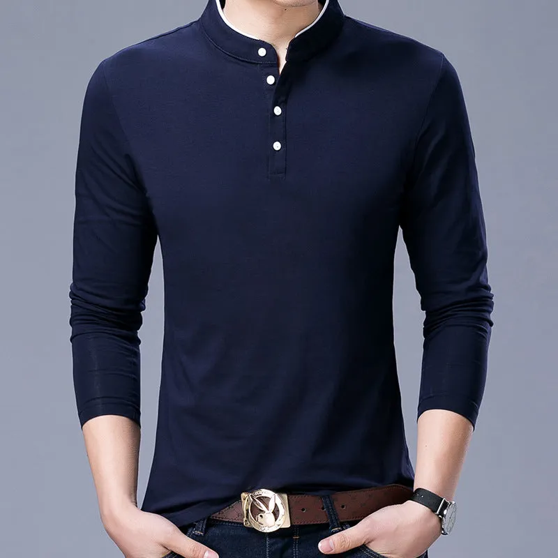 Men's cotton stand collar long sleeve t-shirt in solid colour, pullover style, sizes M to 4XL