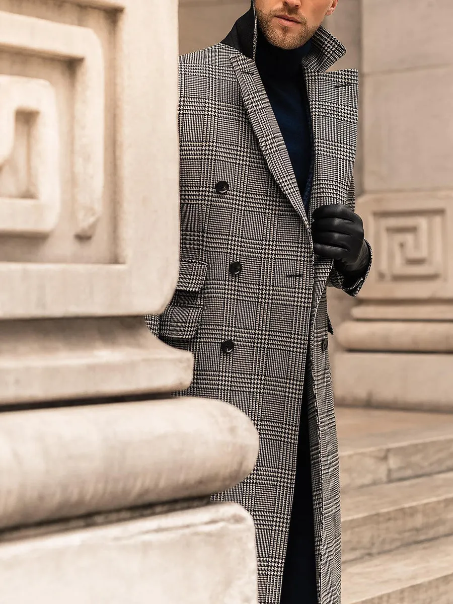 Grey check double breasted wool overcoat with suit collar and horn clasp, medium length men's winter coat