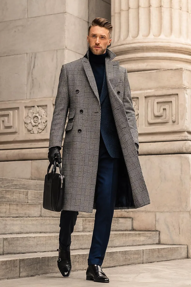 Grey check double breasted wool overcoat with suit collar and horn clasp, medium length men's winter coat