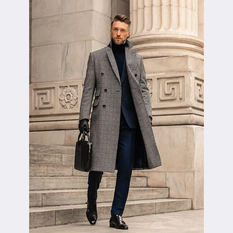 Grey check double breasted wool overcoat with suit collar and horn clasp, medium length men's winter coat
