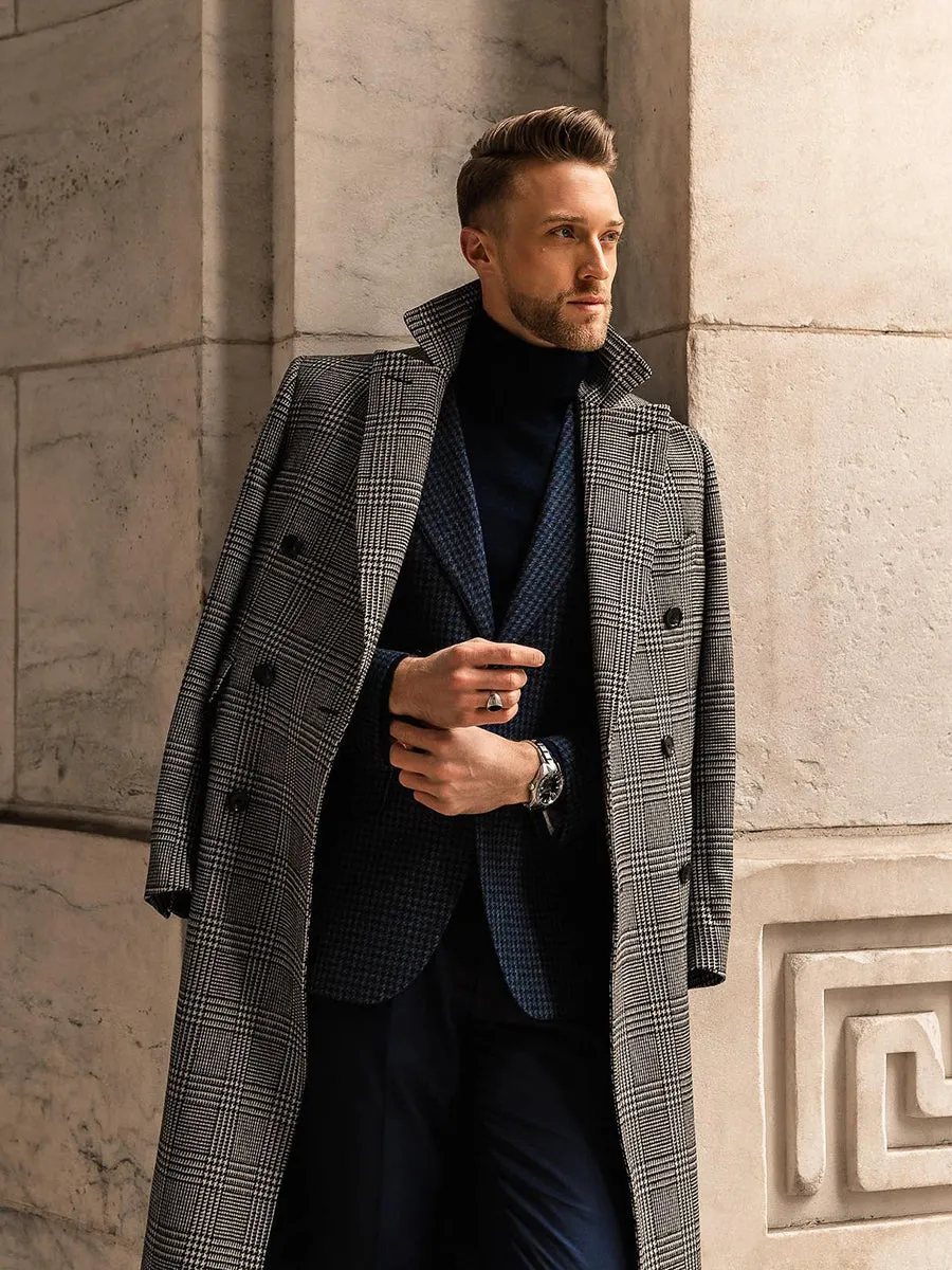 Grey check double breasted wool overcoat with suit collar and horn clasp, medium length men's winter coat