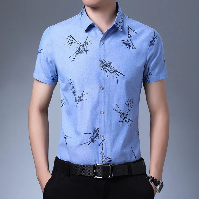 Men's slim fit printed short-sleeve shirt in blue with pointed collar