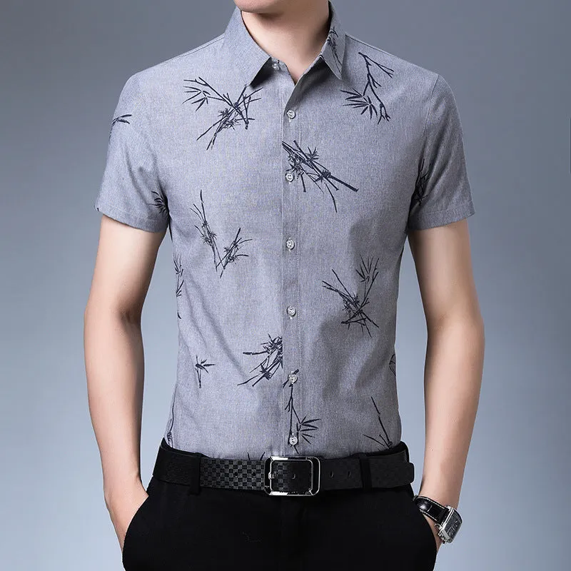 Men's slim fit printed short-sleeve shirt in blue with pointed collar
