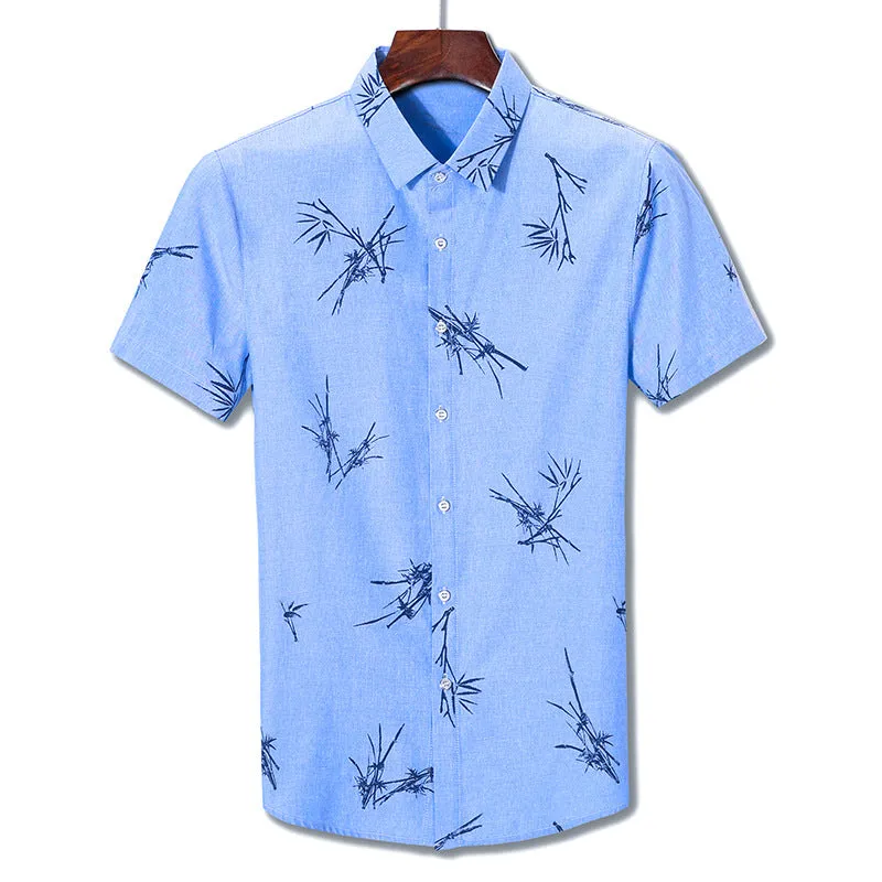 Men's slim fit printed short-sleeve shirt in blue with pointed collar