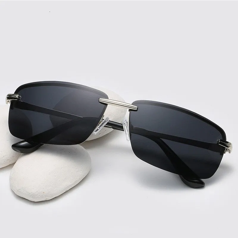 Frameless polarized sunglasses for men, silver night vision film, metal frame, PC lenses