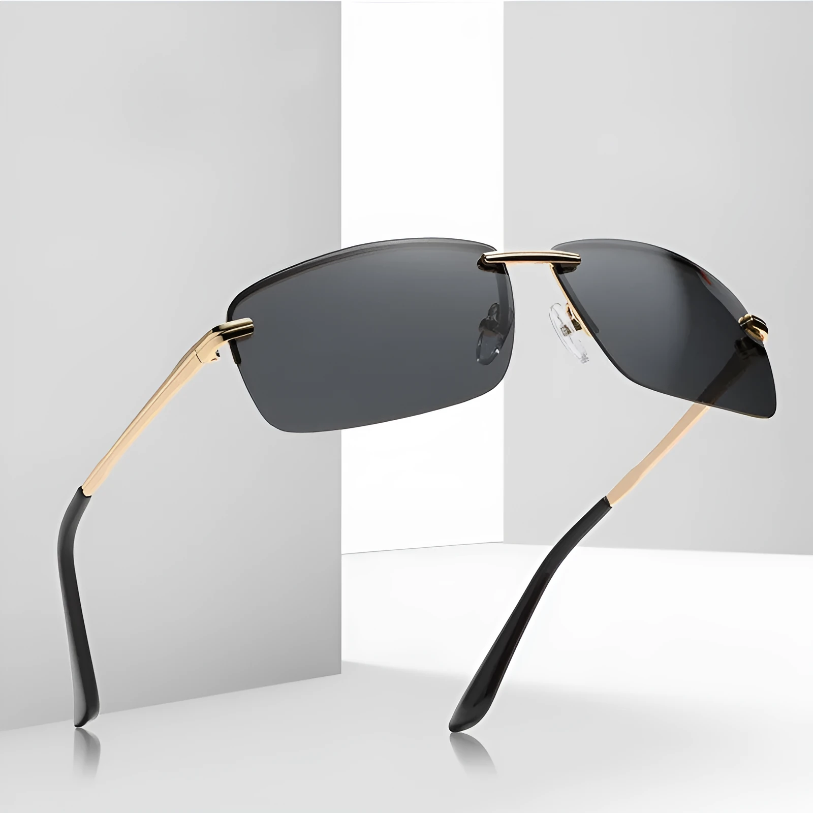 Frameless polarized sunglasses for men, silver night vision film, metal frame, PC lenses
