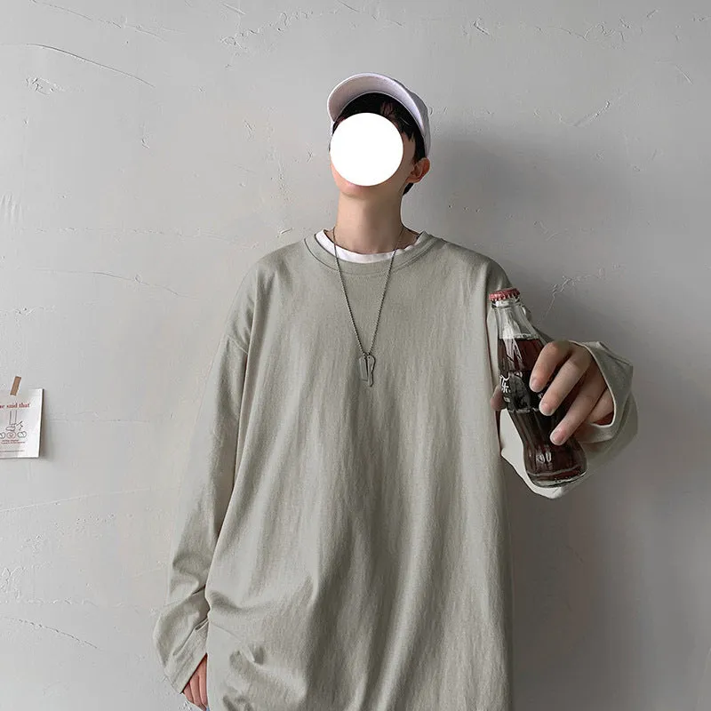 Men's pure cotton O-neck long sleeve t-shirt in loose fit, available in multiple colours
