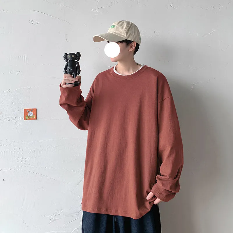 Men's pure cotton O-neck long sleeve t-shirt in loose fit, available in multiple colours