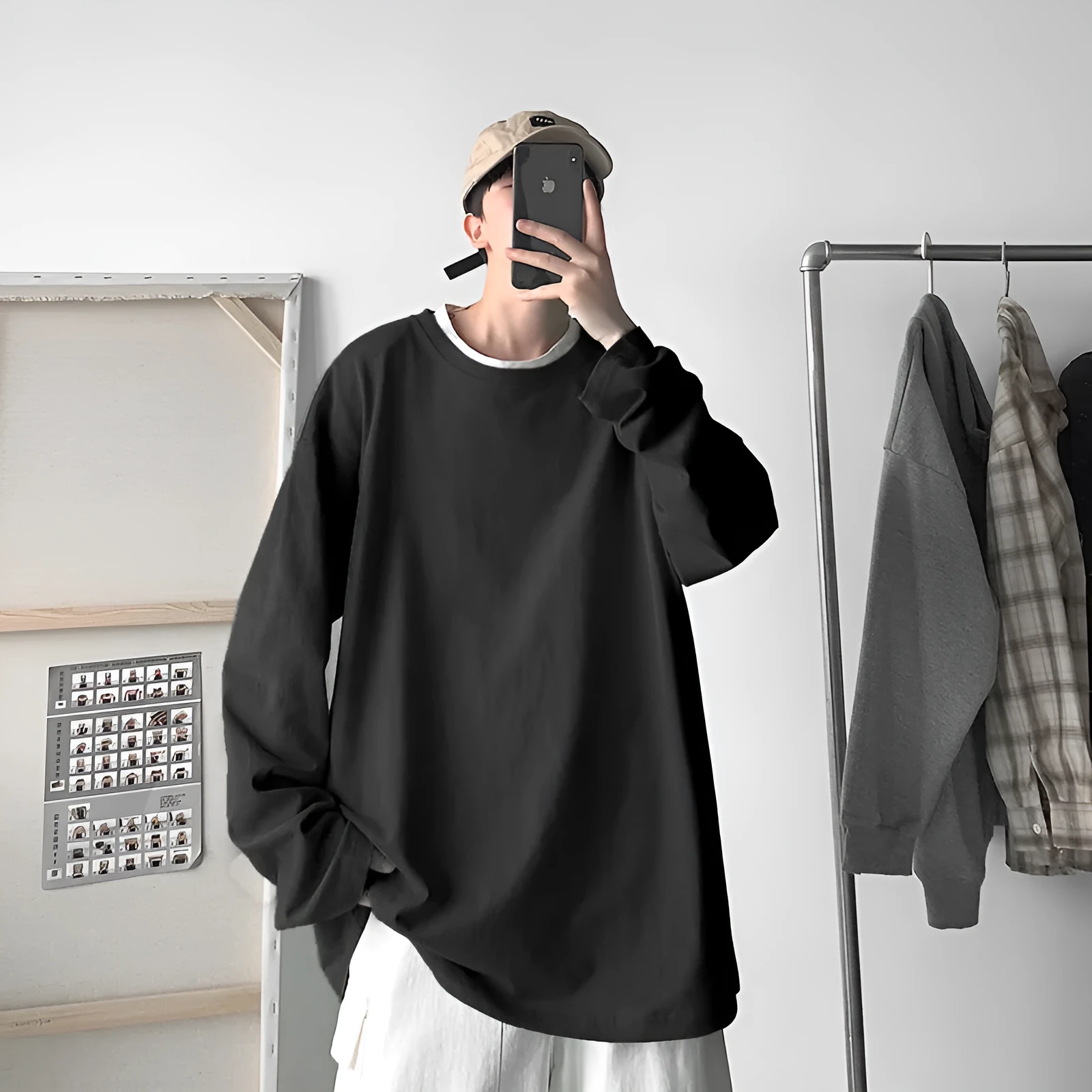 Men's pure cotton O-neck long sleeve t-shirt in loose fit, available in multiple colours