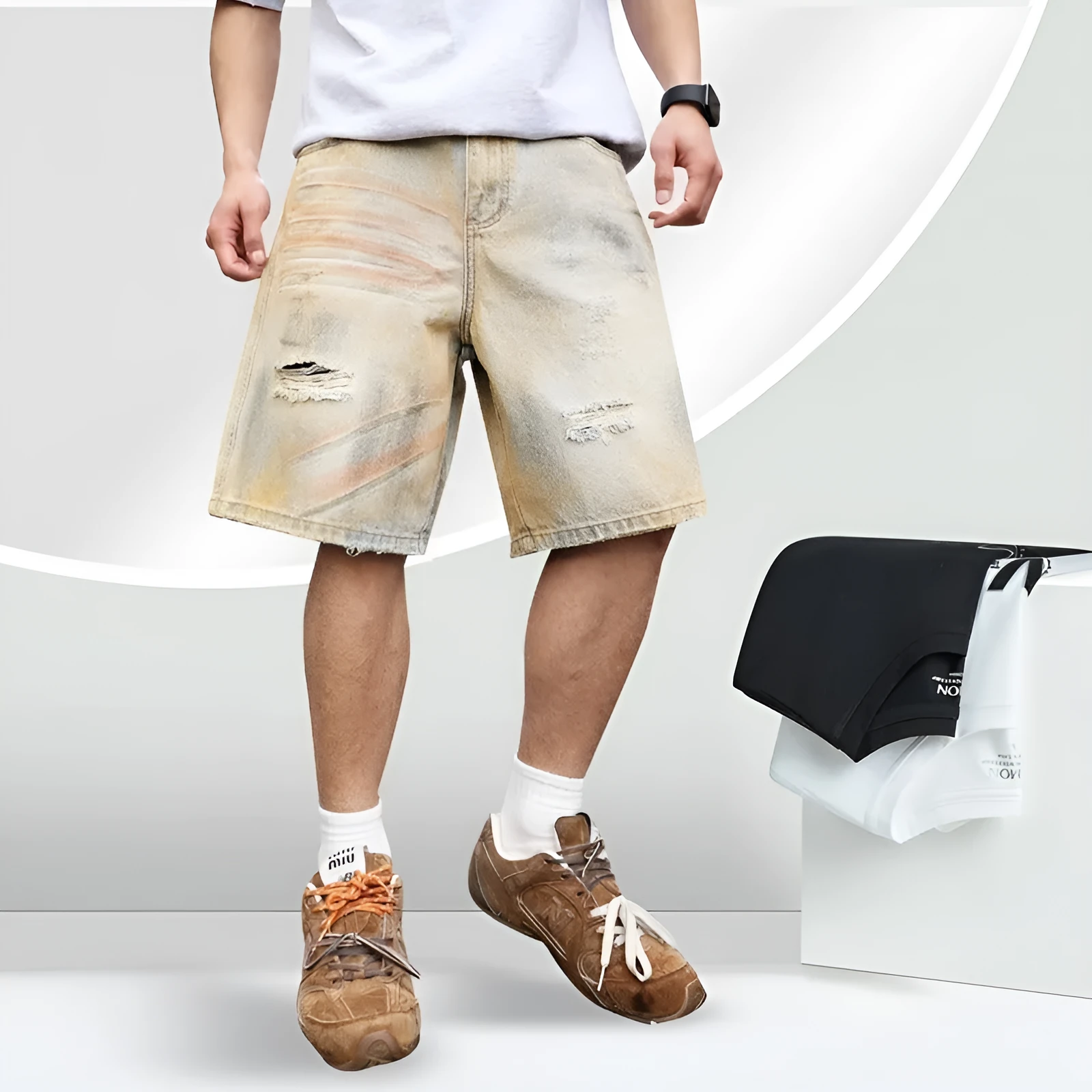 Men's light blue denim shorts with ripped detailing and a straight-leg cut.