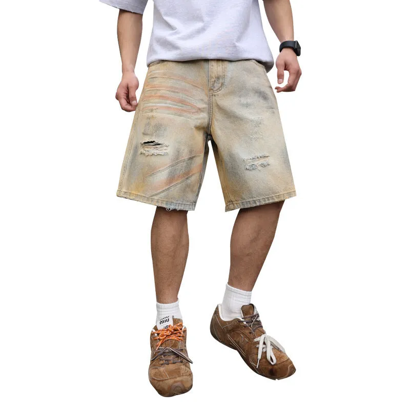 Men's light blue denim shorts with ripped detailing and a straight-leg cut.