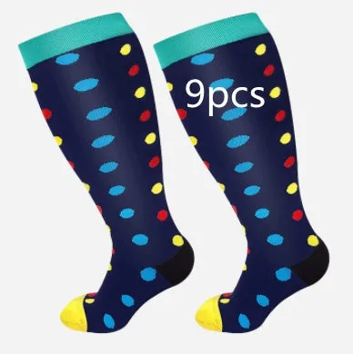 Plus size compression socks for extra wide calf in blue ECG pattern on white background