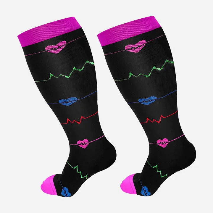 Plus size compression socks for extra wide calf in blue ECG pattern on white background