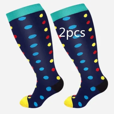 Plus size compression socks for extra wide calf in blue ECG pattern on white background