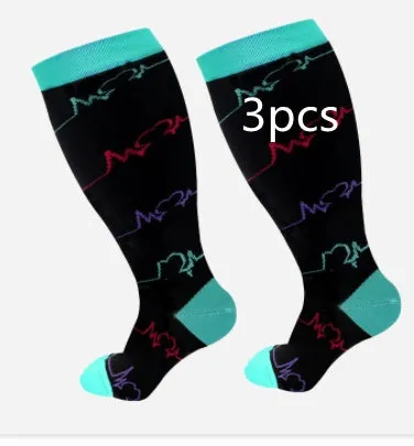 Plus size compression socks for extra wide calf in blue ECG pattern on white background