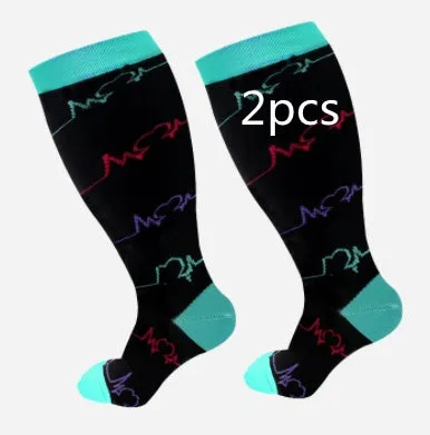 Plus size compression socks for extra wide calf in blue ECG pattern on white background