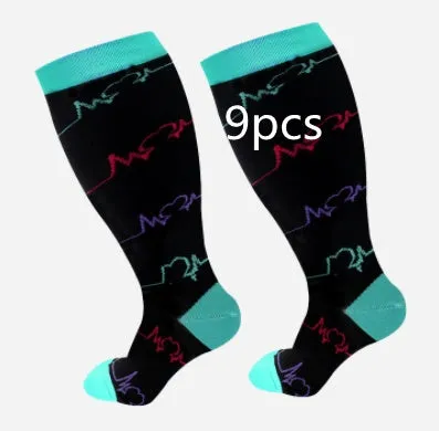 Plus size compression socks for extra wide calf in blue ECG pattern on white background