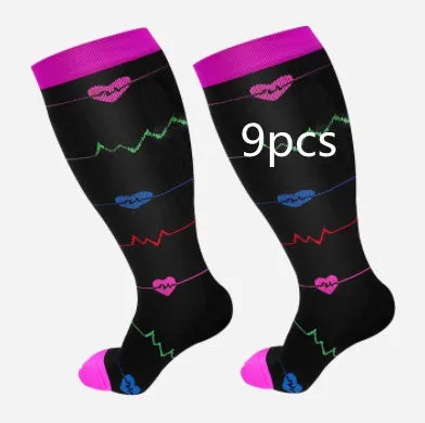 Plus size compression socks for extra wide calf in blue ECG pattern on white background