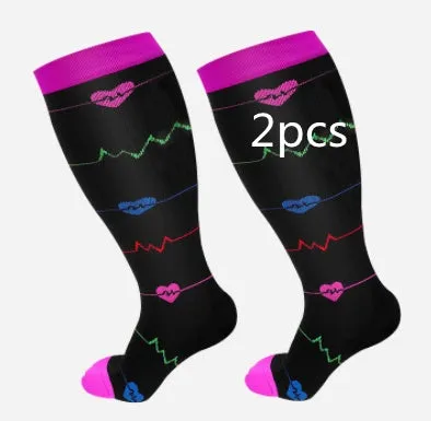 Plus size compression socks for extra wide calf in blue ECG pattern on white background