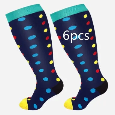 Plus size compression socks for extra wide calf in blue ECG pattern on white background