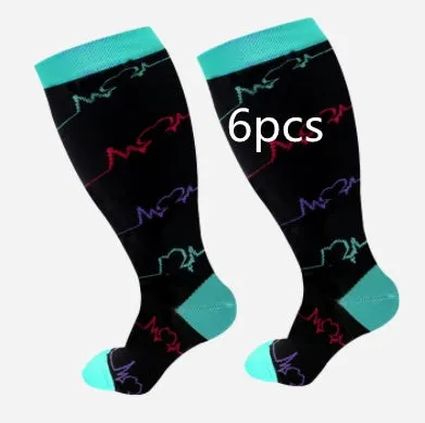 Plus size compression socks for extra wide calf in blue ECG pattern on white background