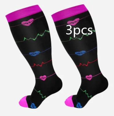 Plus size compression socks for extra wide calf in blue ECG pattern on white background