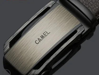 Camel men's automatic buckle belt made of two-layer cowhide leather, alloy buckle, width 3.5cm, embossed finish