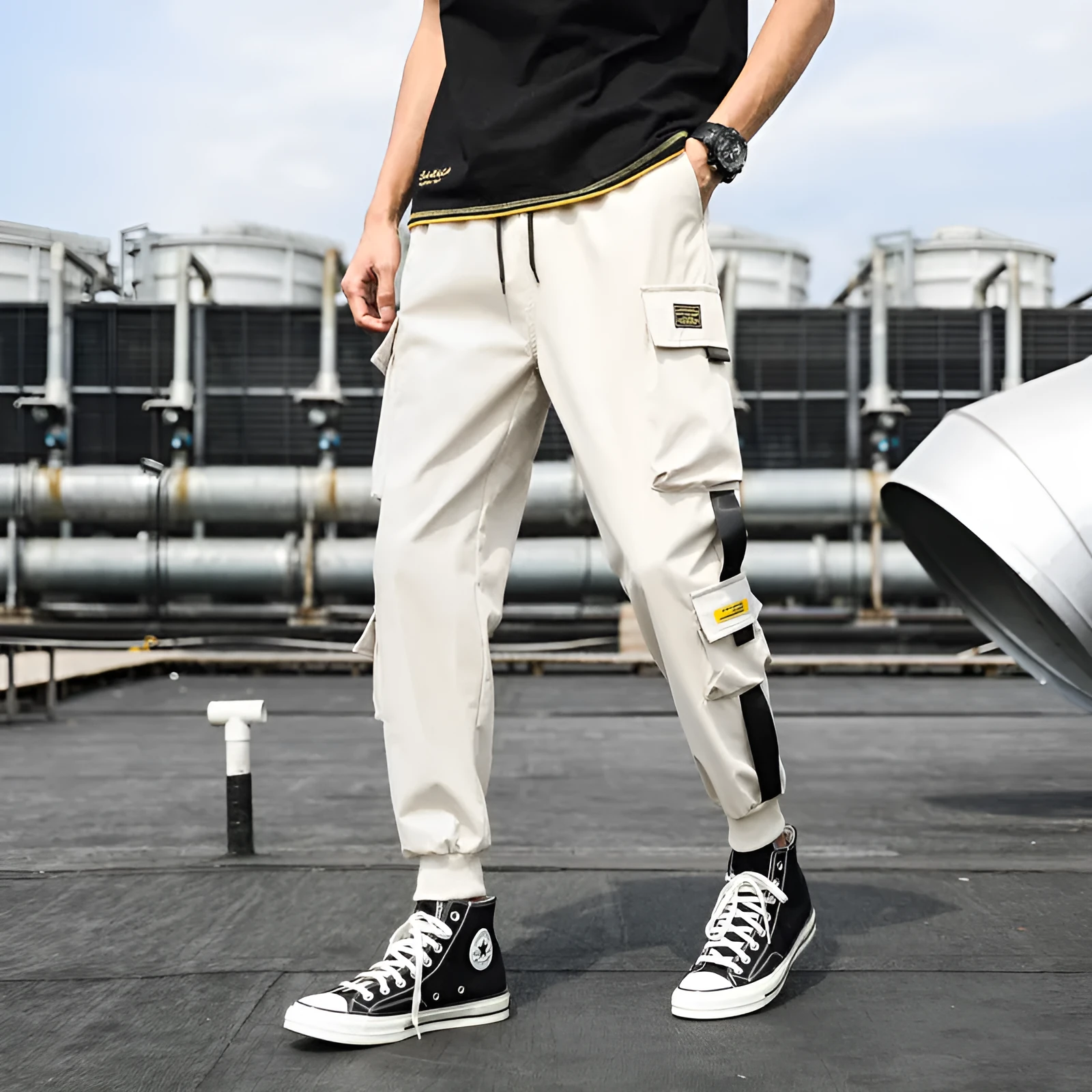 Harlan's ankle-length cargo pants in Army Green, cotton blend fabric, multiple pockets, size M to 5XL