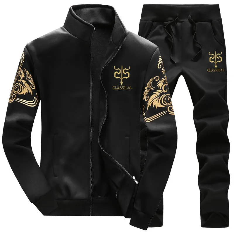 Men's slim fit tracksuit set with zippered jacket and pants in black, side view
