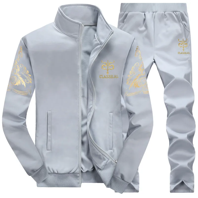Men's slim fit tracksuit set with zippered jacket and pants in black, side view