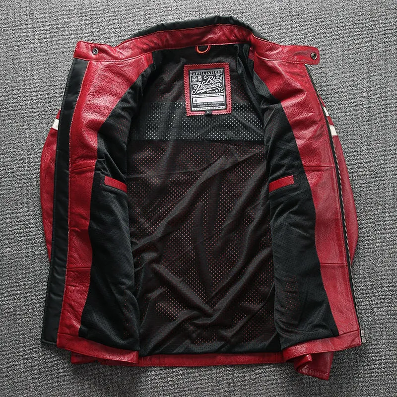 Black cowhide motorcycle leather jacket with stand-up collar and multiple front pockets, plain style, straight hem