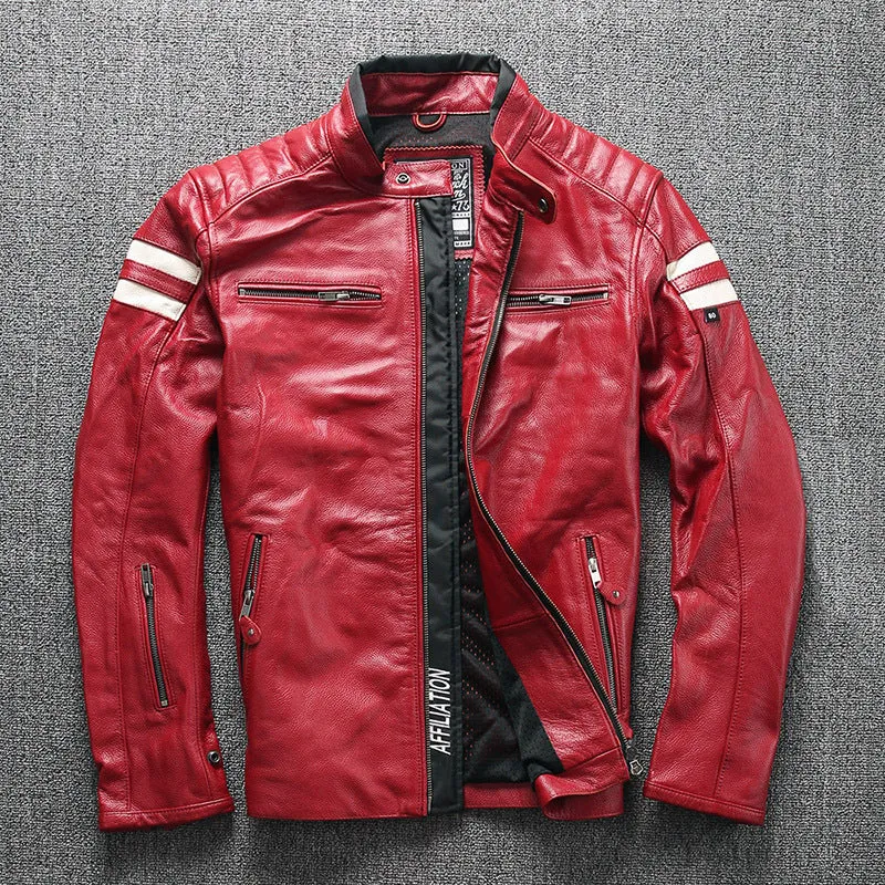 Black cowhide motorcycle leather jacket with stand-up collar and multiple front pockets, plain style, straight hem