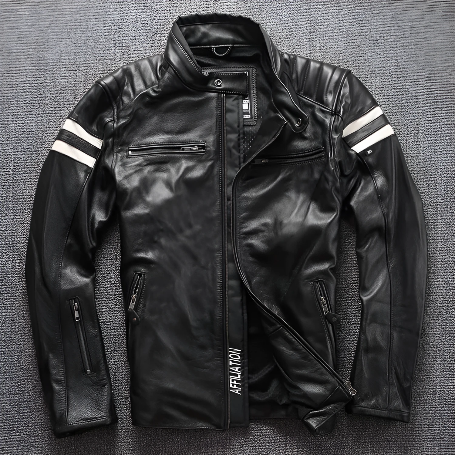 Black cowhide motorcycle leather jacket with stand-up collar and multiple front pockets, plain style, straight hem