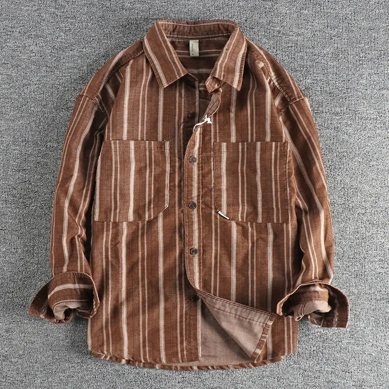 Men's vintage yarn-dyed striped casual shirt in Japanese retro style with loose fit