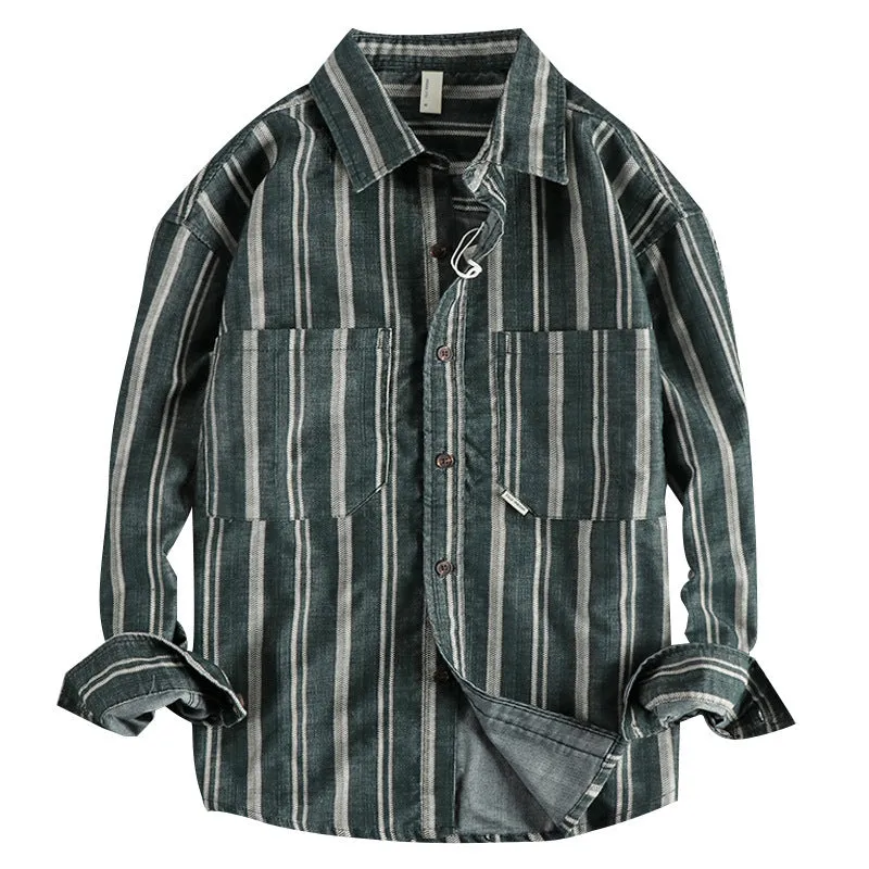 Men's vintage yarn-dyed striped casual shirt in Japanese retro style with loose fit